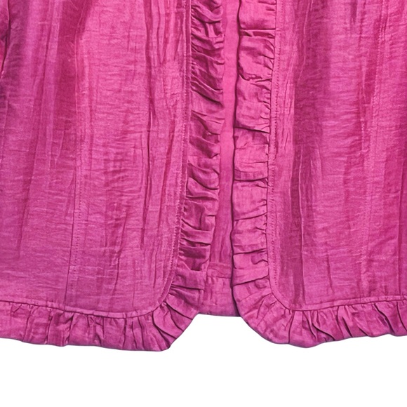 Chico’s Linen Blend Jacket Pink Ruffle Trim Open Front 3/4 Sleeve Blazer - Picture 4 of 12